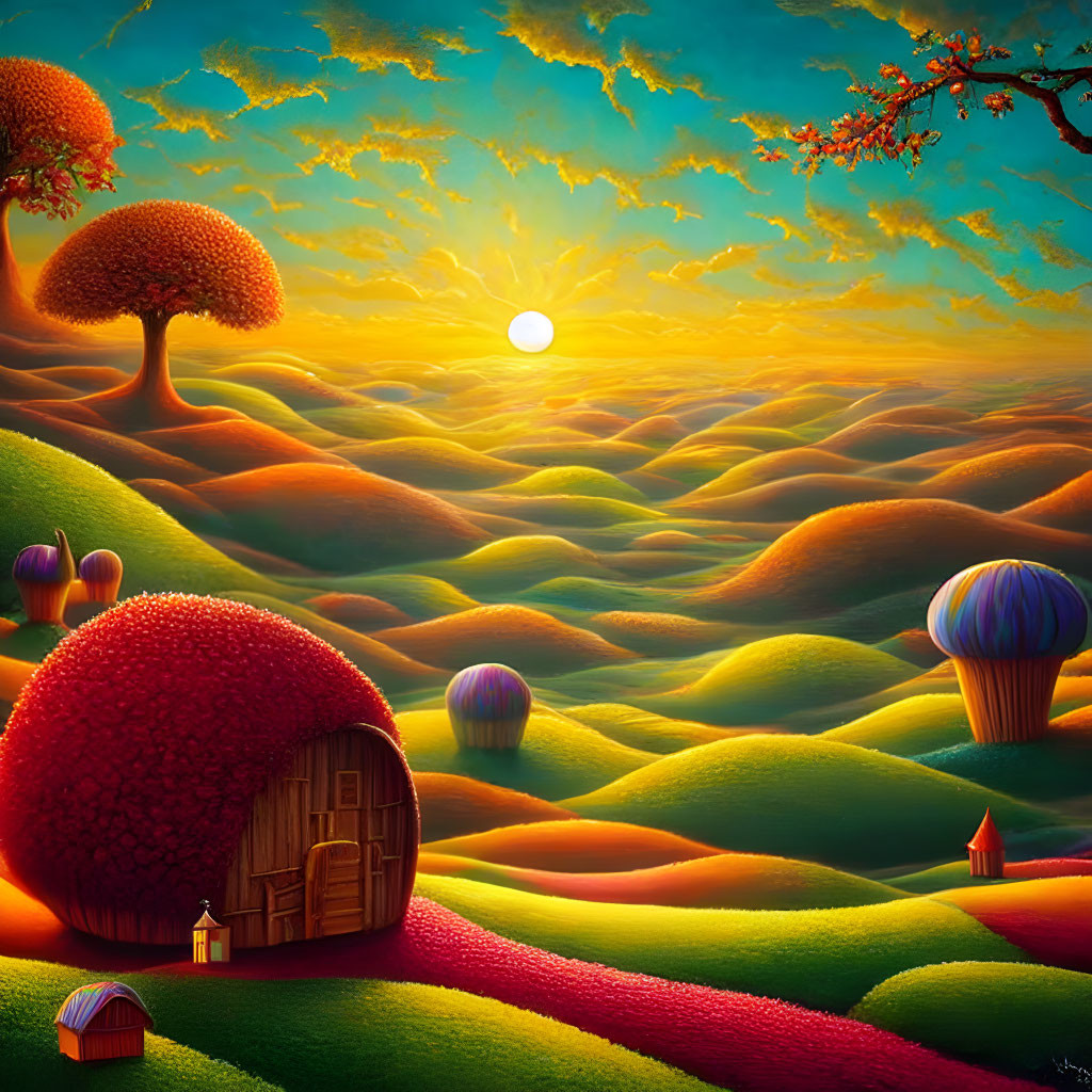 Colorful Sunset Landscape with Tree-shaped House and Hot Air Balloons