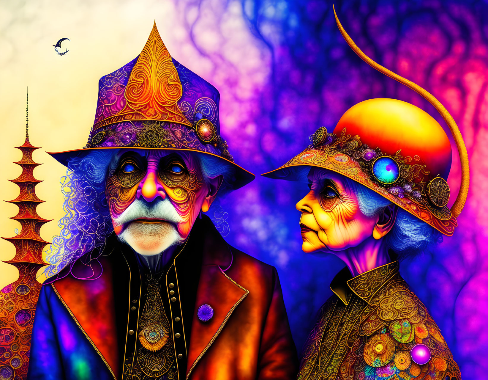 Colorful illustration: Elderly couple in whimsical attire on psychedelic background