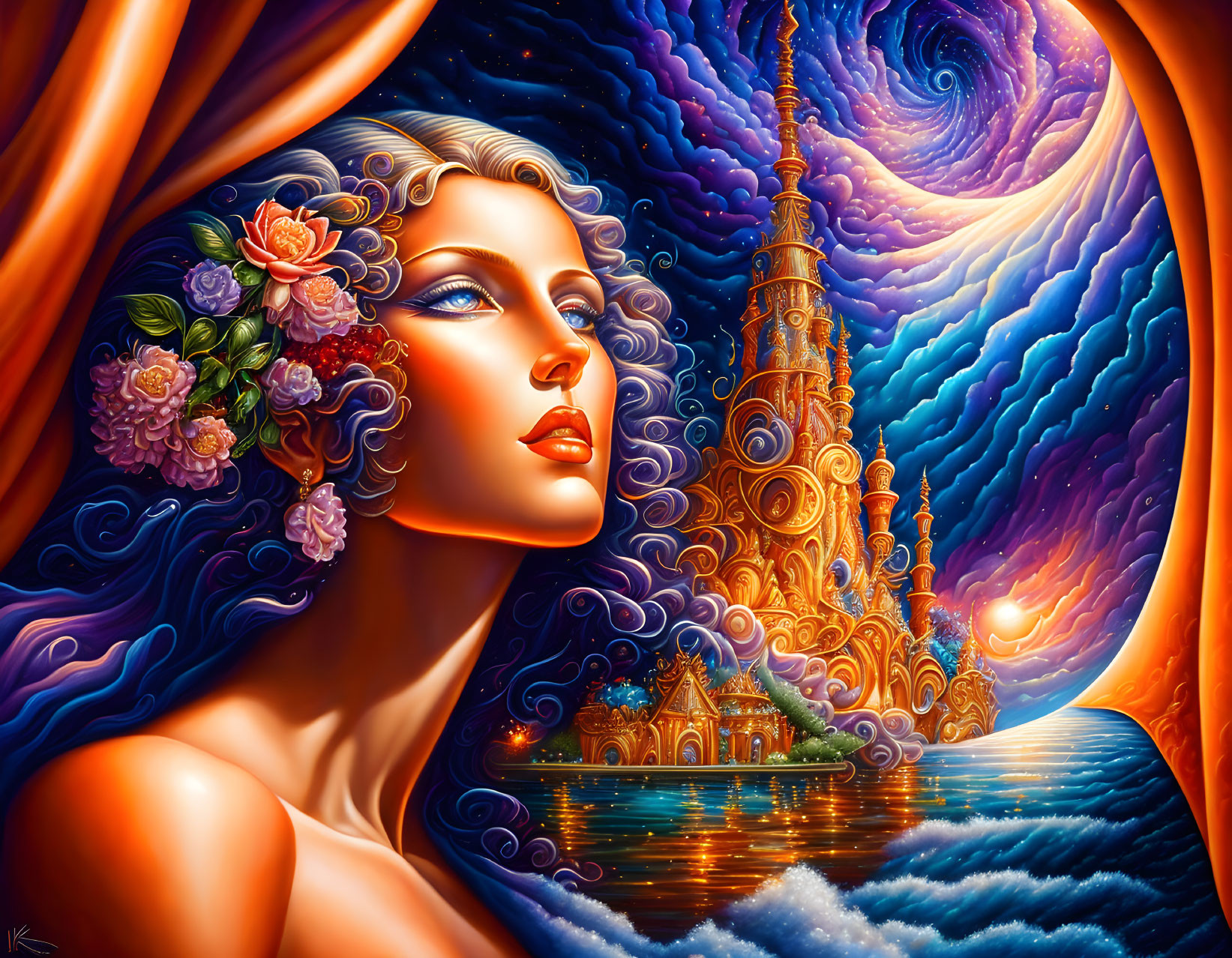 Colorful fantasy image: Woman with flowers, starry sky, golden castles reflected on sea