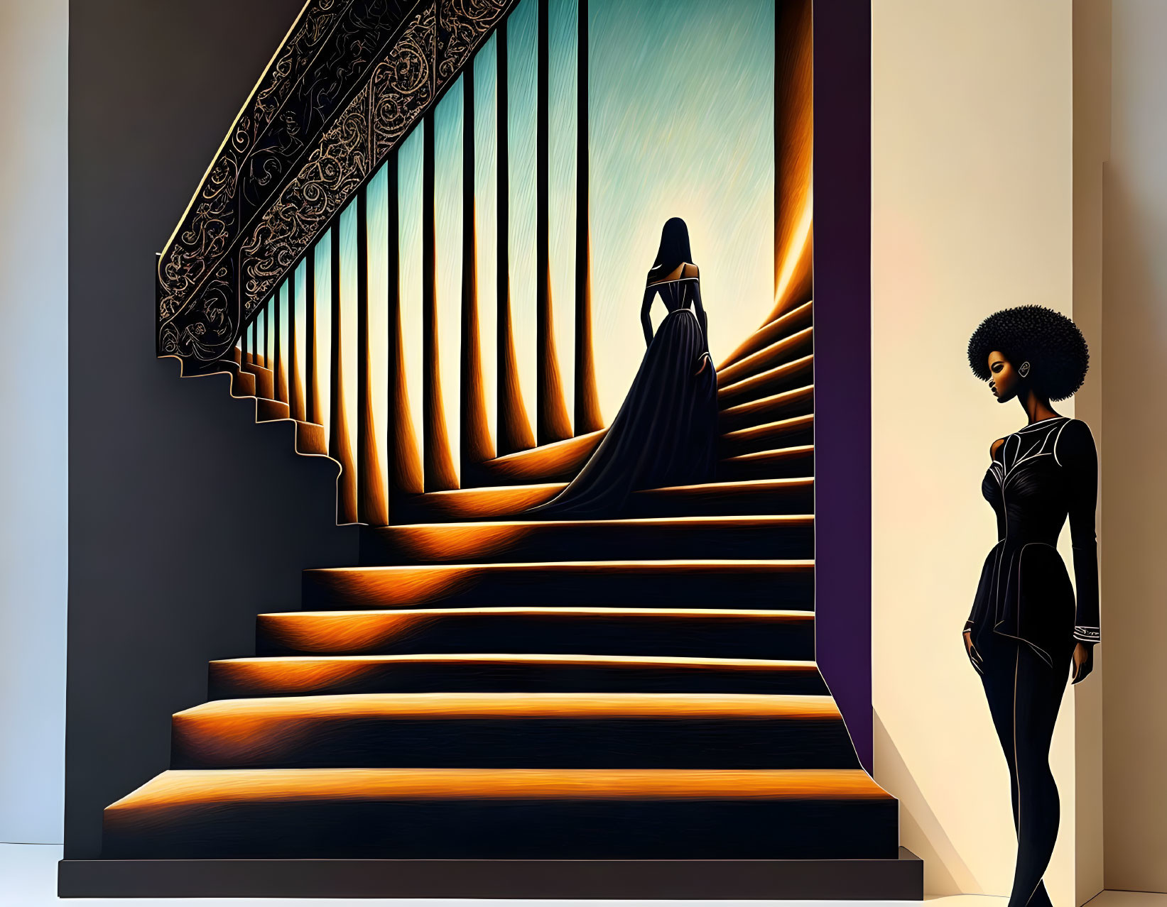 Elegant women on grand staircase against vibrant backdrop