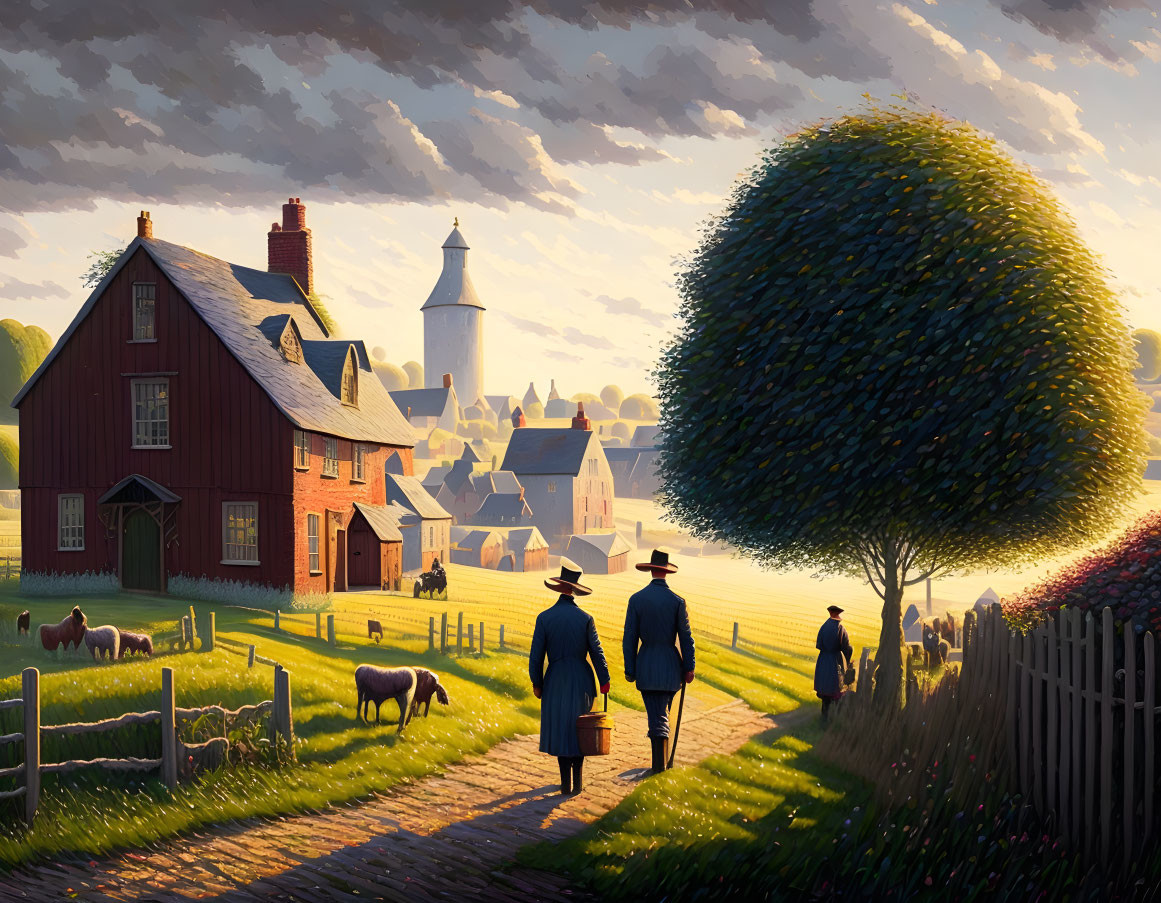 Rural path with village, lighthouse, livestock, and sunset