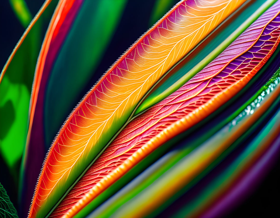 Colorful Macro Shot of Overlapping Feathers with Dark Background