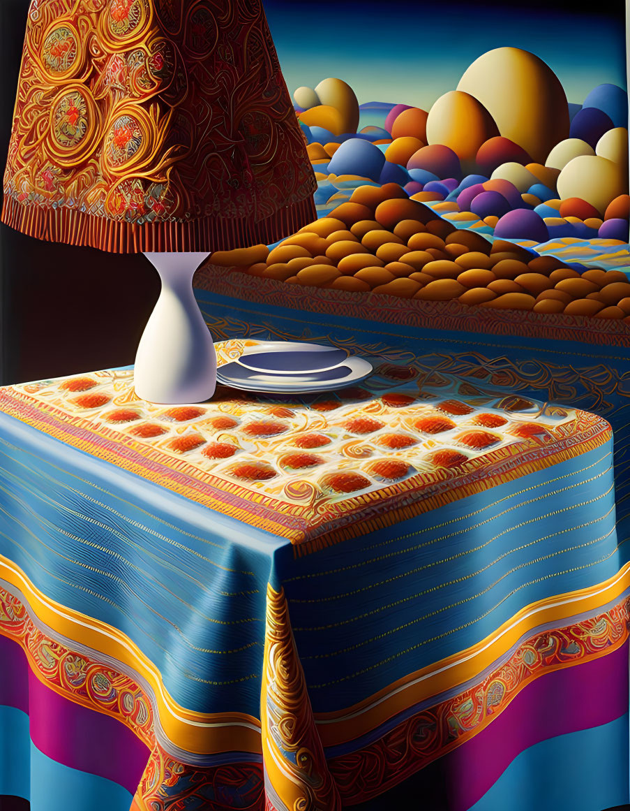 Surreal image of table, lamp, ornate patterns, and colorful landscape