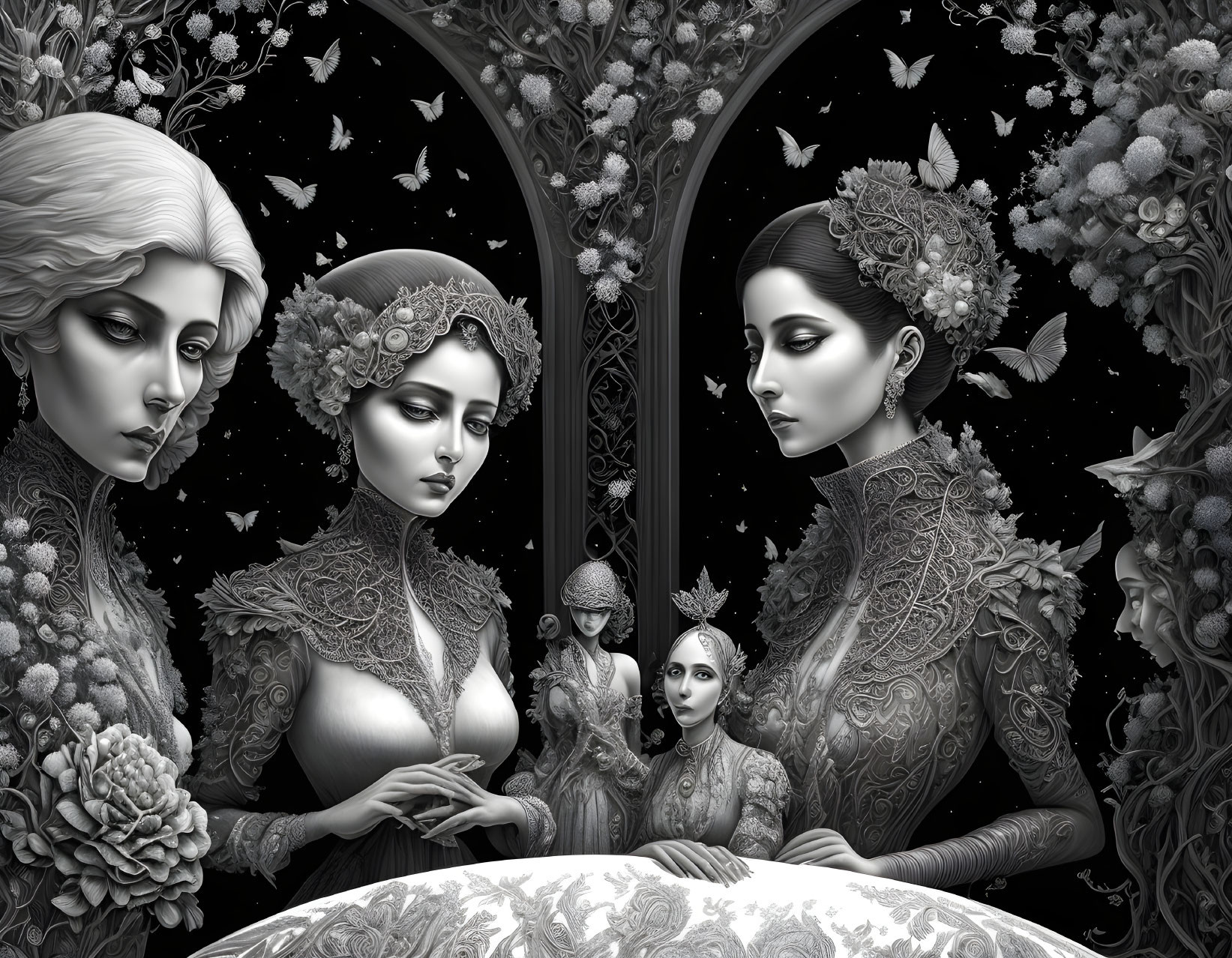 Monochrome image of four women in lace attire with floral and butterfly motifs