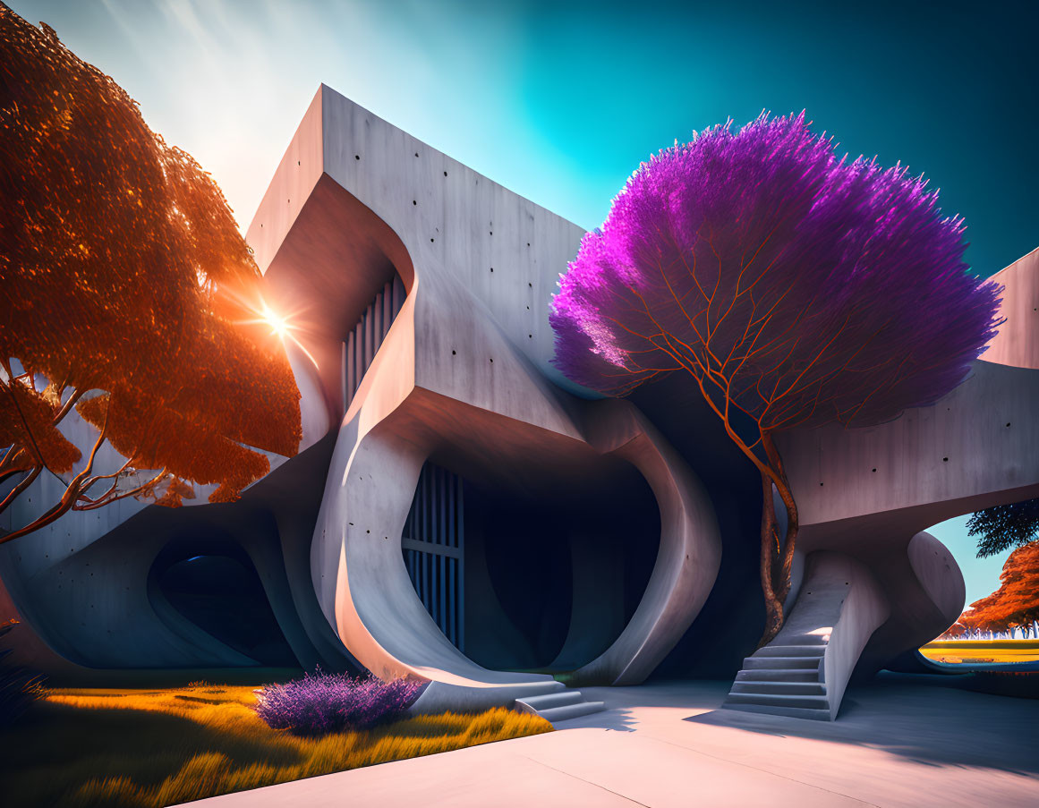 Curved concrete walls in modern architectural setting with exotic purple foliage.