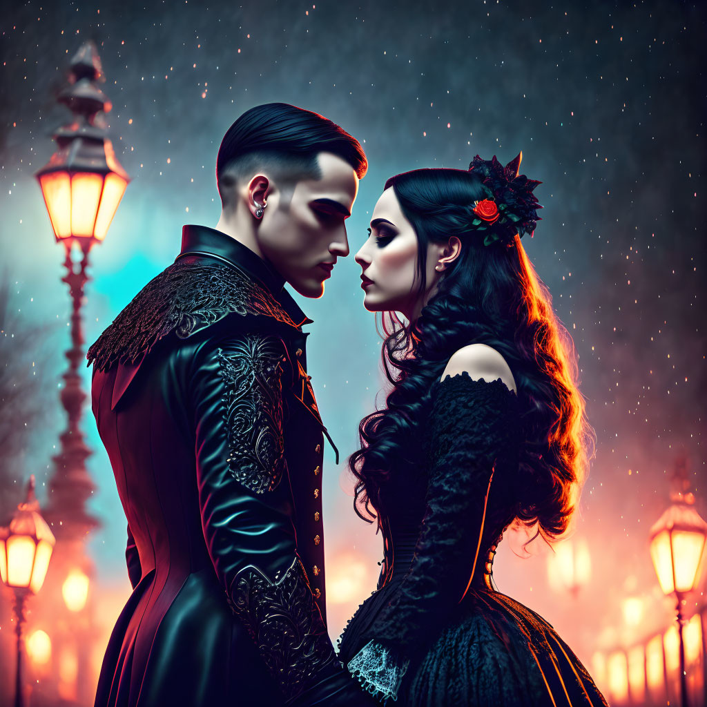 Gothic couple in elegant attire under vintage street lamps