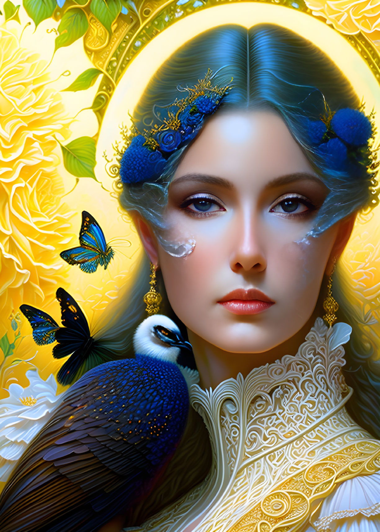 Woman in Blue Feathered Accessories Surrounded by Butterflies, Peacock, and Floral Background