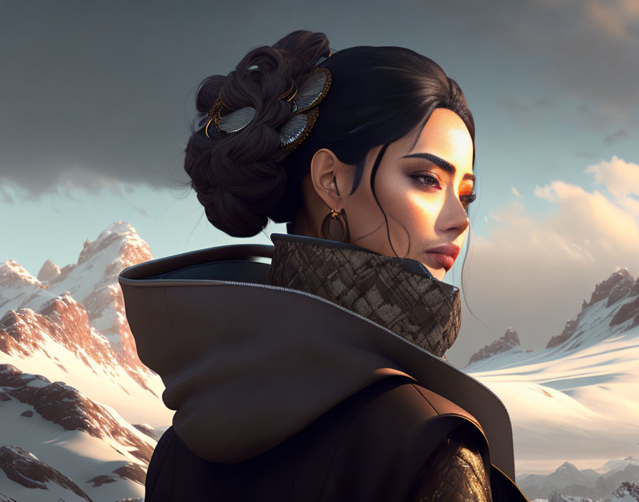 Illustrated woman with elegant hairstyle and gold accessories against snowy mountains