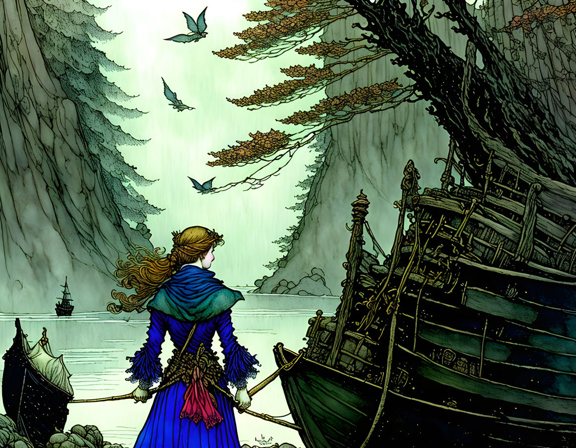 Person in Blue Cloak by Old Ship in Mystical Forest with Birds and Distant Ship