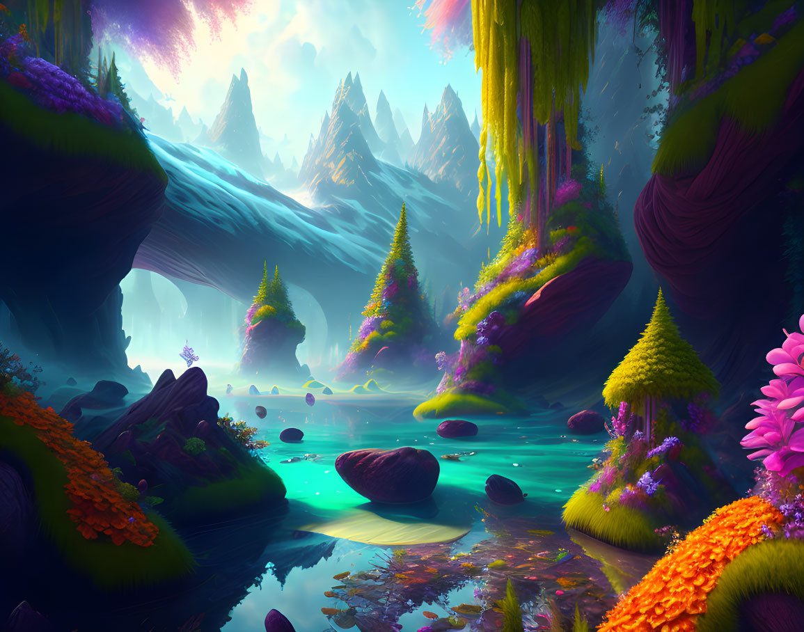 Colorful Fantasy Landscape with River, Structures, and Mountains