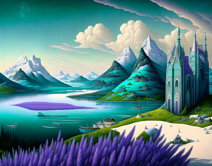 Vibrant blue castle, purple fields, serene lake, boats, and snowy mountain peaks in fantast