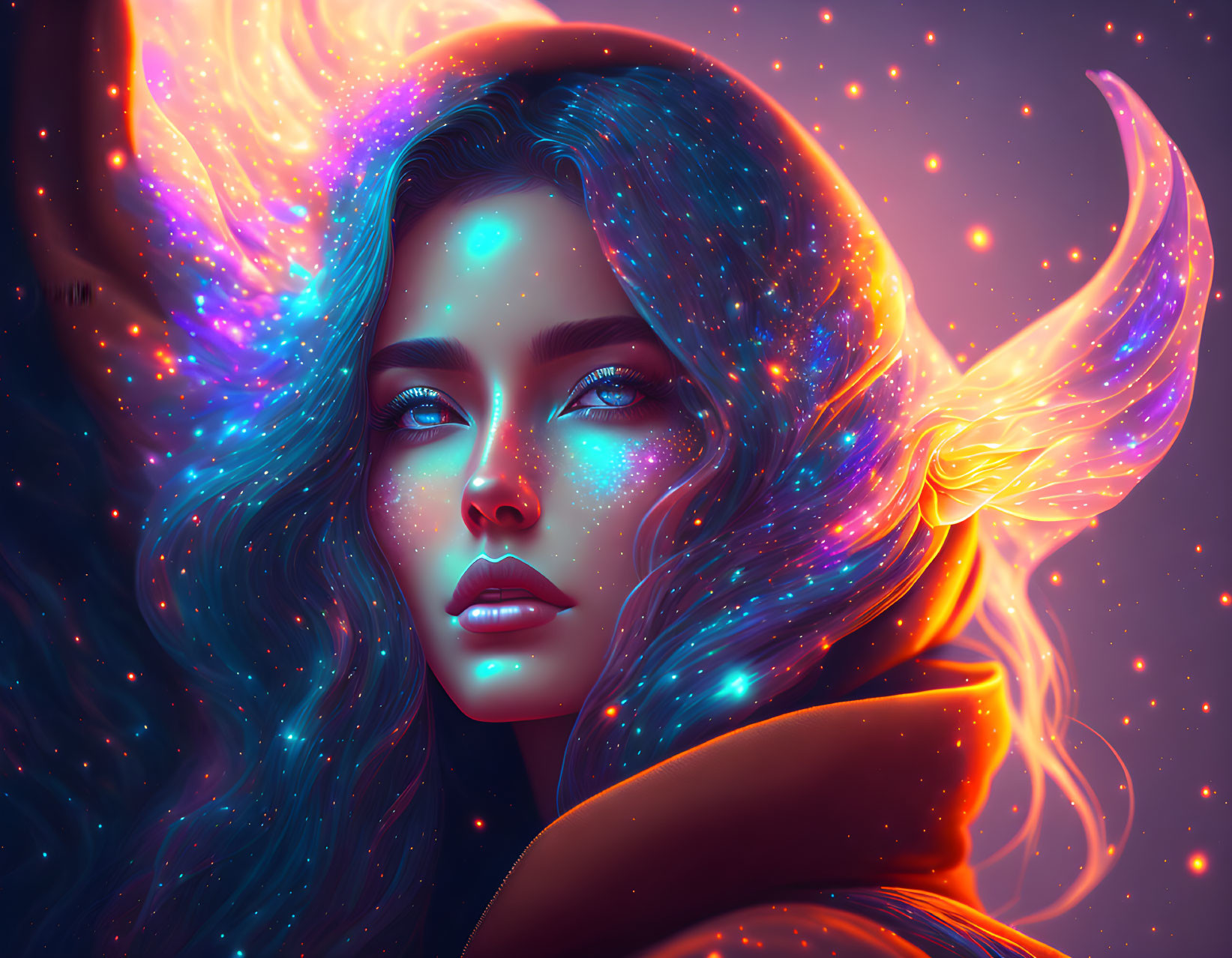 Fantasy portrait of woman with glowing nebula hair in starry space.