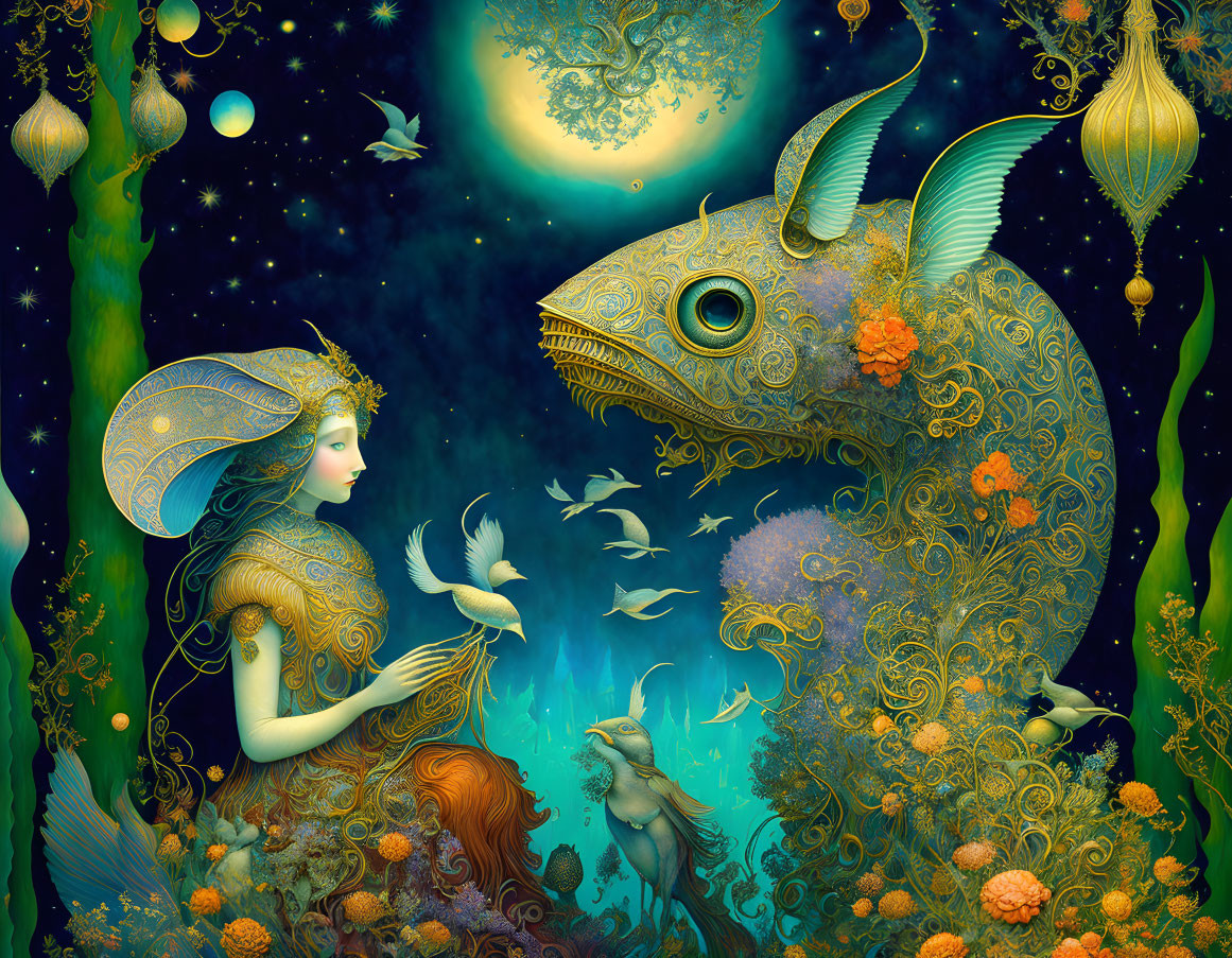 Surrealist artwork of woman with flora and fauna and mythical creatures under celestial sky