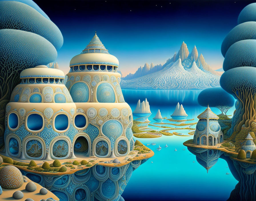 Round blue-patterned buildings in a fantastical landscape with soaring mountains, serene water, and sailing ships