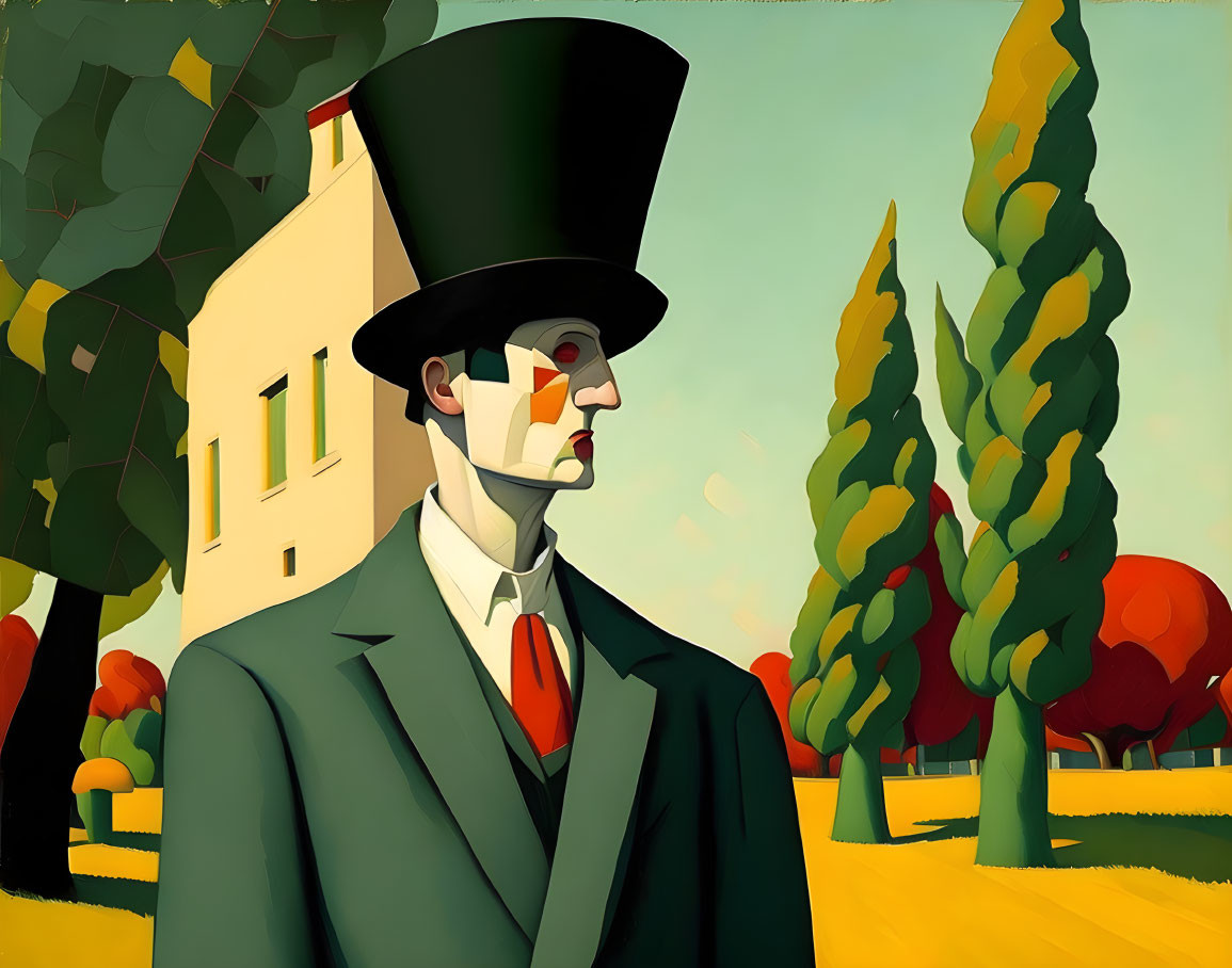 Man in suit and top hat with cubist face in front of colorful, geometric trees and house