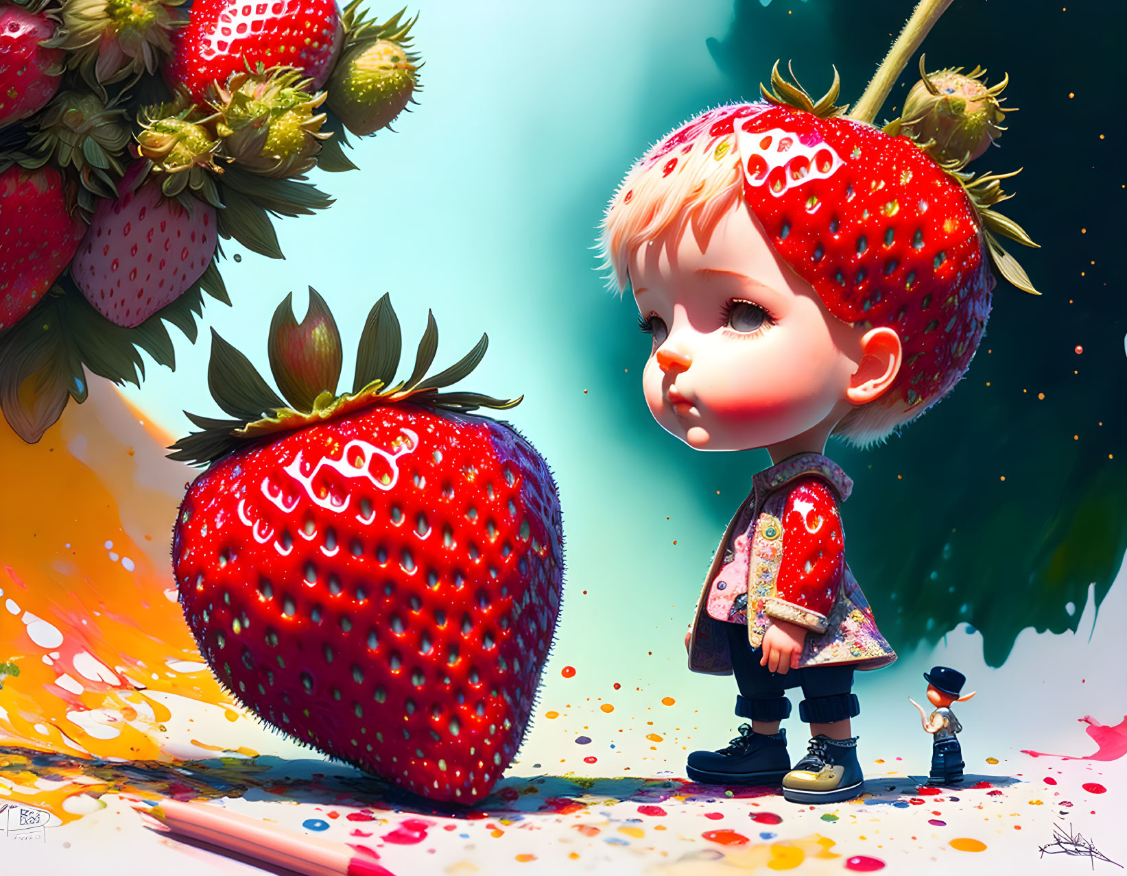 Child in Strawberry Outfit with Giant Strawberry & Colorful Background