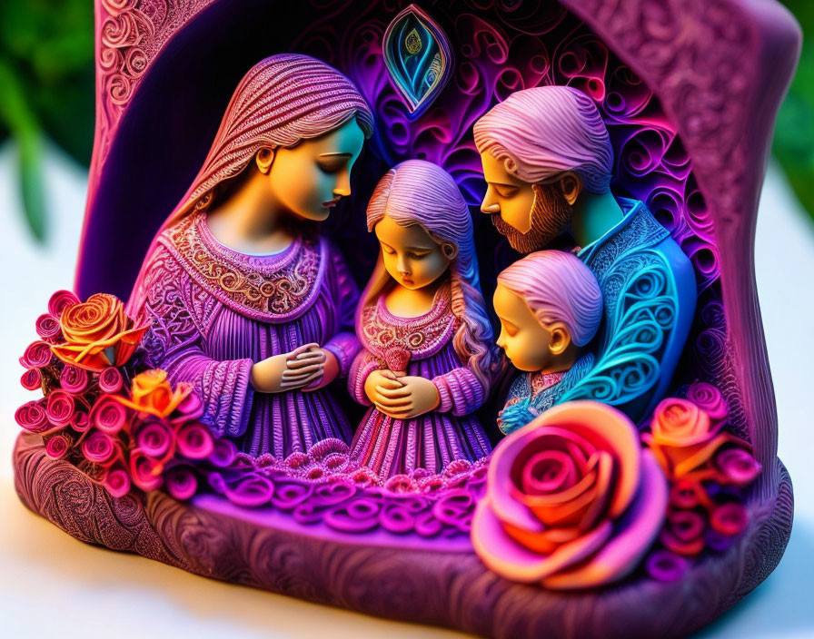 Colorful Family Figurine with Quilled Patterns and Decorative Flowers