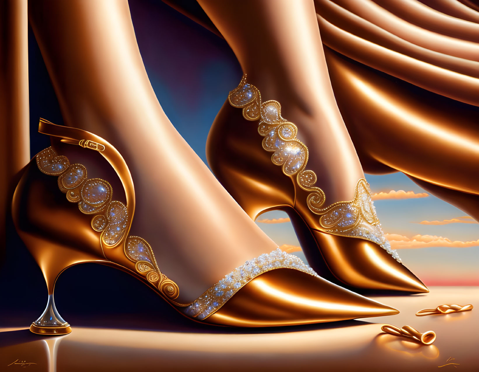 Gold high-heel shoes with sparkling embellishments on satin fabric under soft sunset.