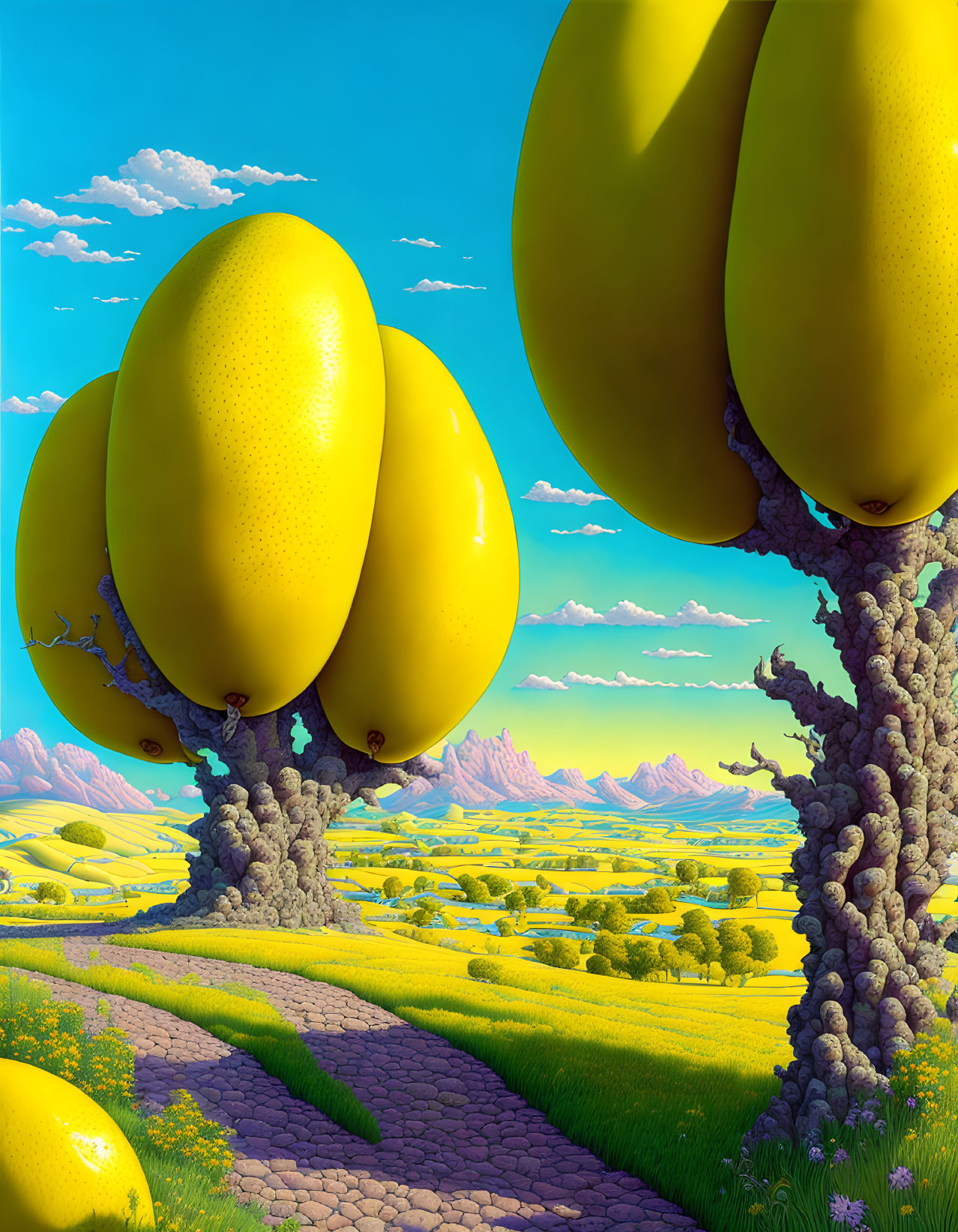 Surreal landscape featuring oversized lemon-shaped balloons on gnarled gray trunks under a bright blue