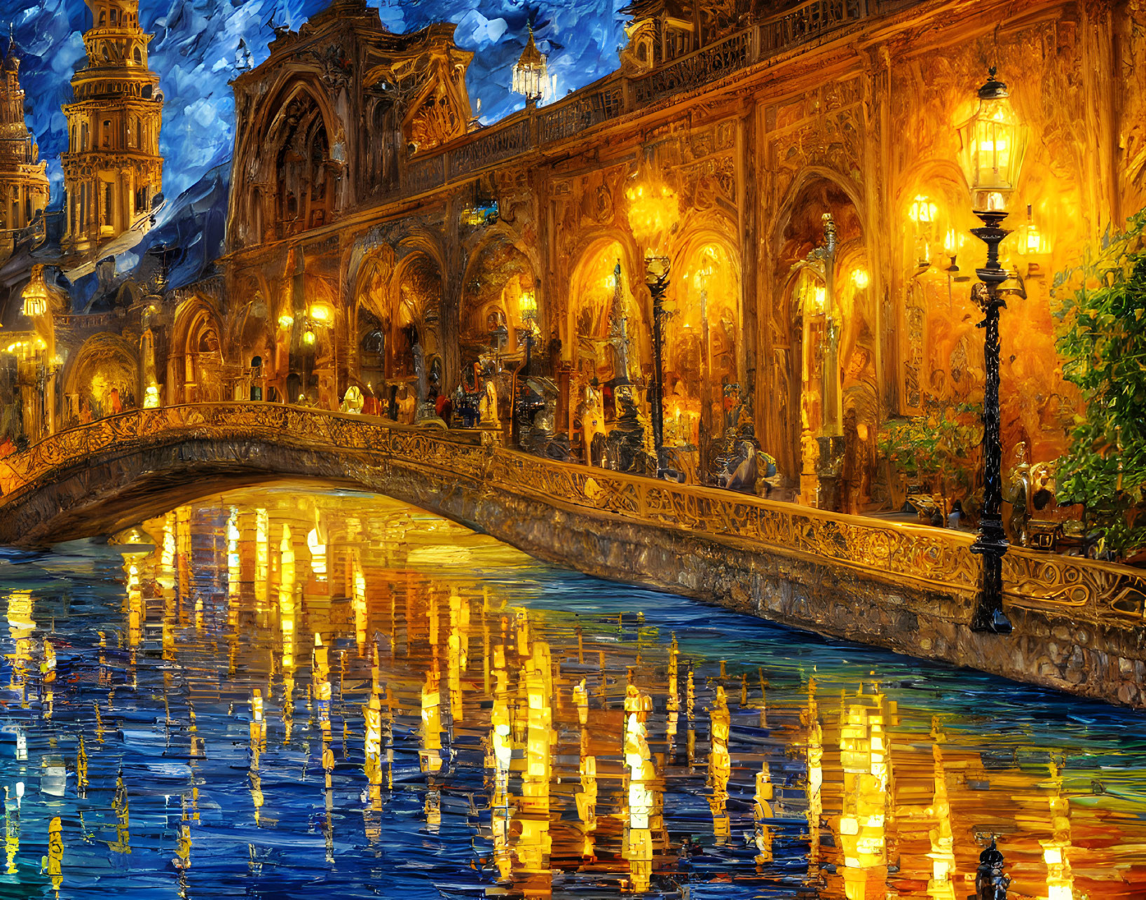 Impressionist painting of ornate bridge over reflective water at dusk