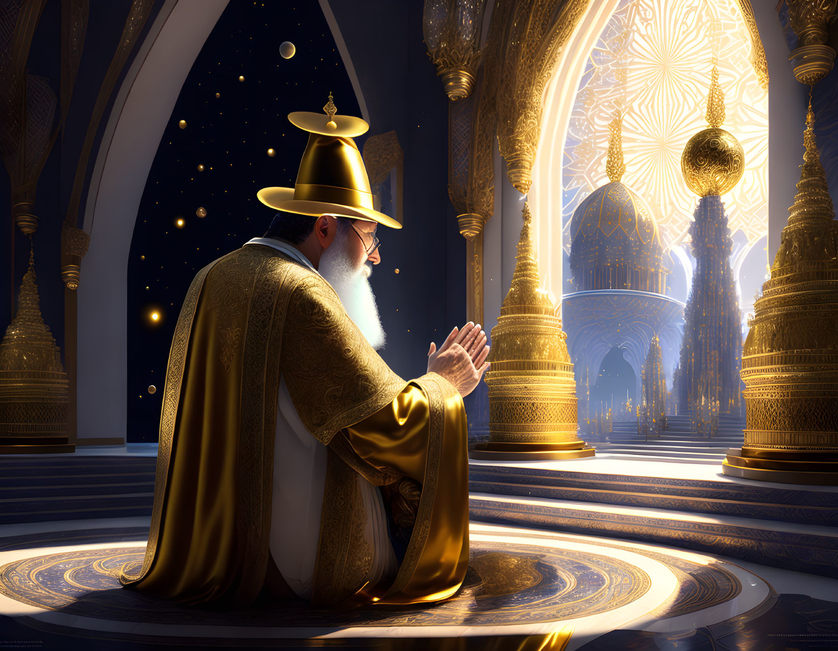 Illustrative artwork of robed figure praying in ornate, golden-lit cathedral interior