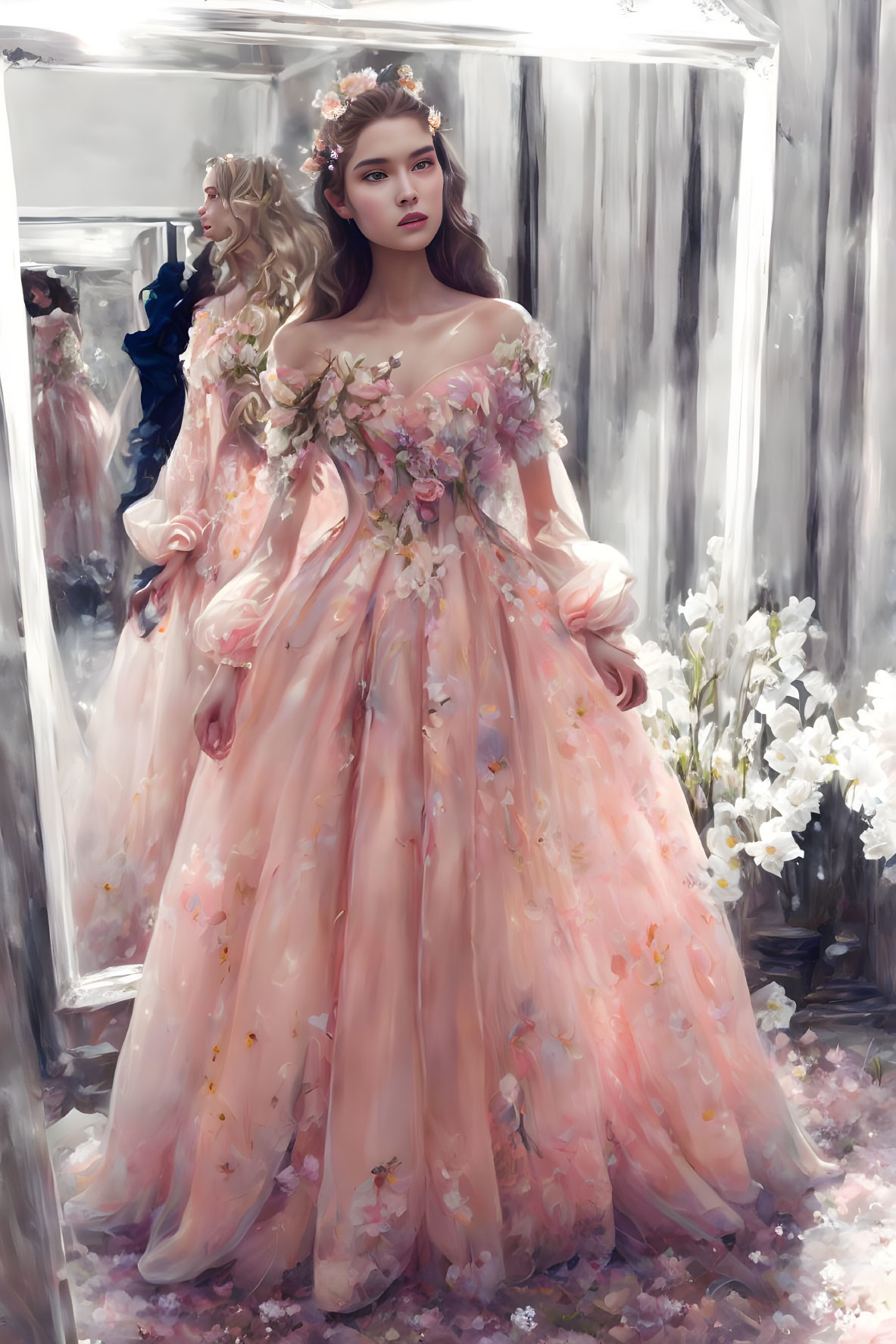 Floral pastel ball gown on elegant woman in front of mirror