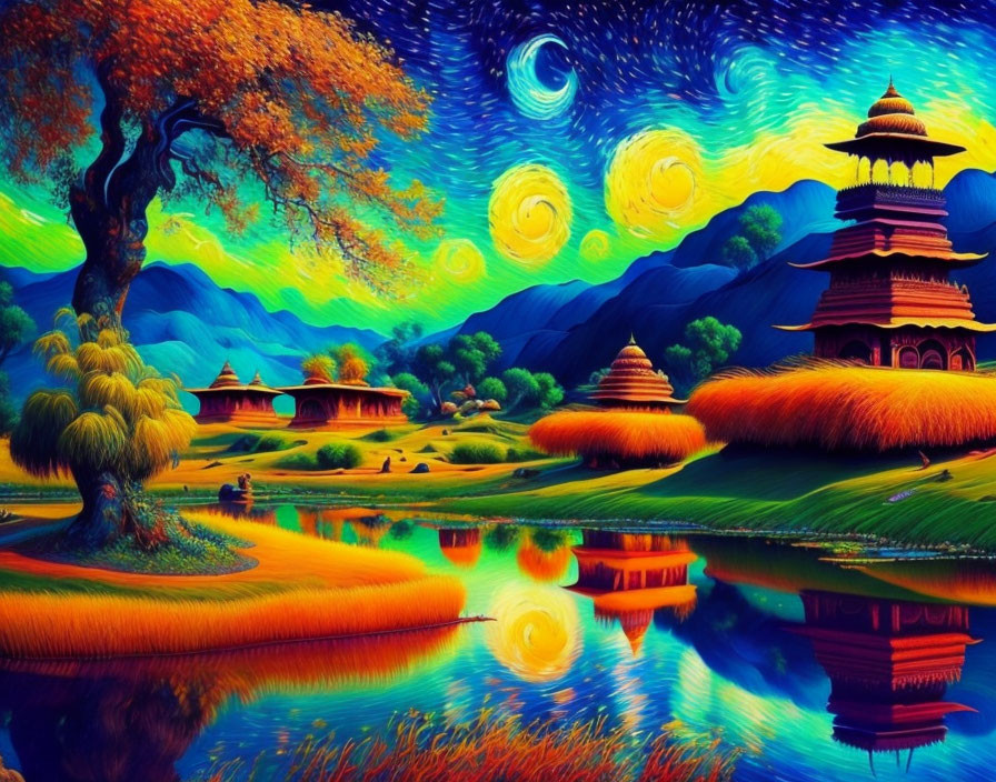 Colorful Landscape with Pagodas, Reflective Water, and Starry Sky