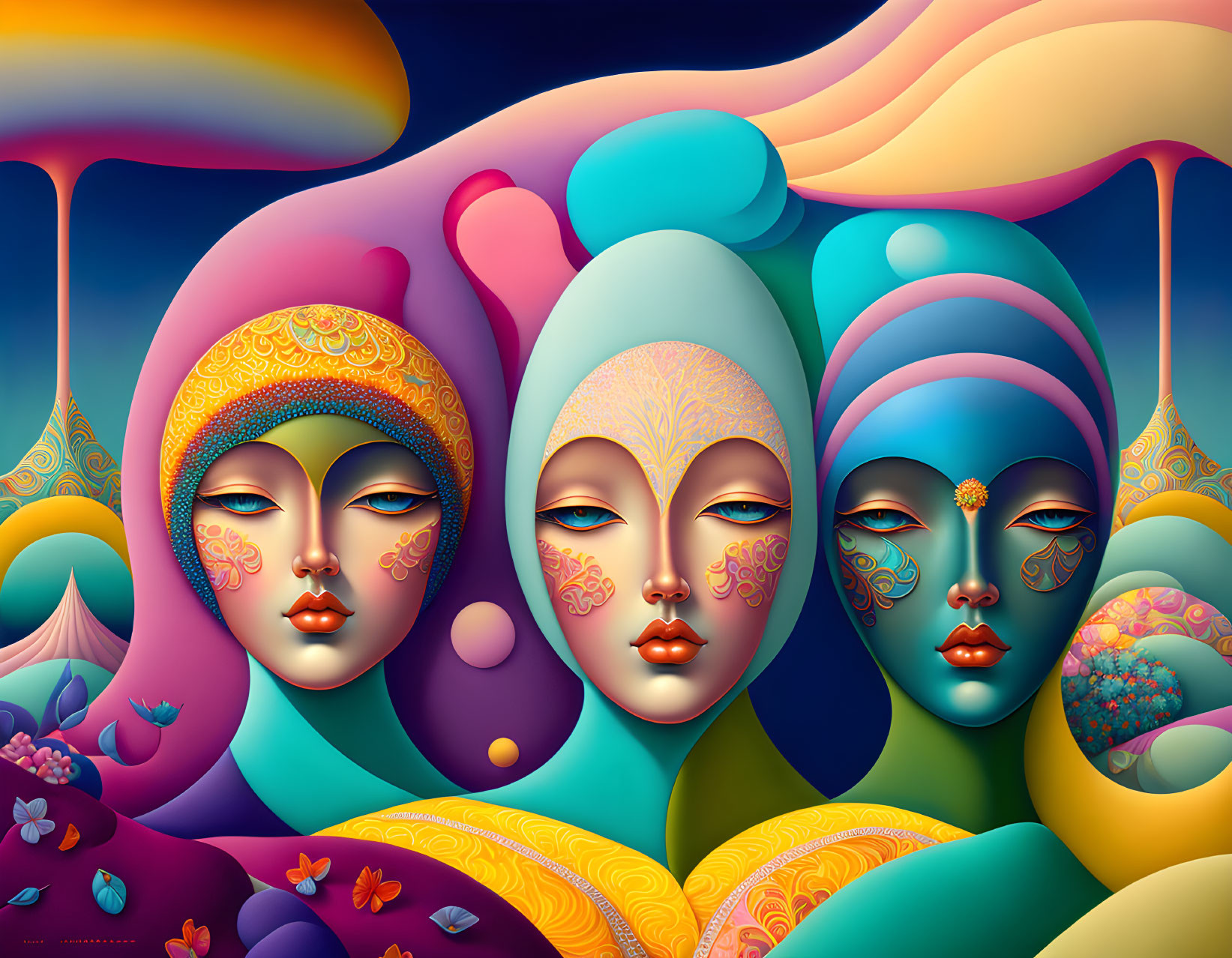 Colorful surreal artwork: three stylized faces with intricate patterns and vibrant colors, surrounded by whimsical