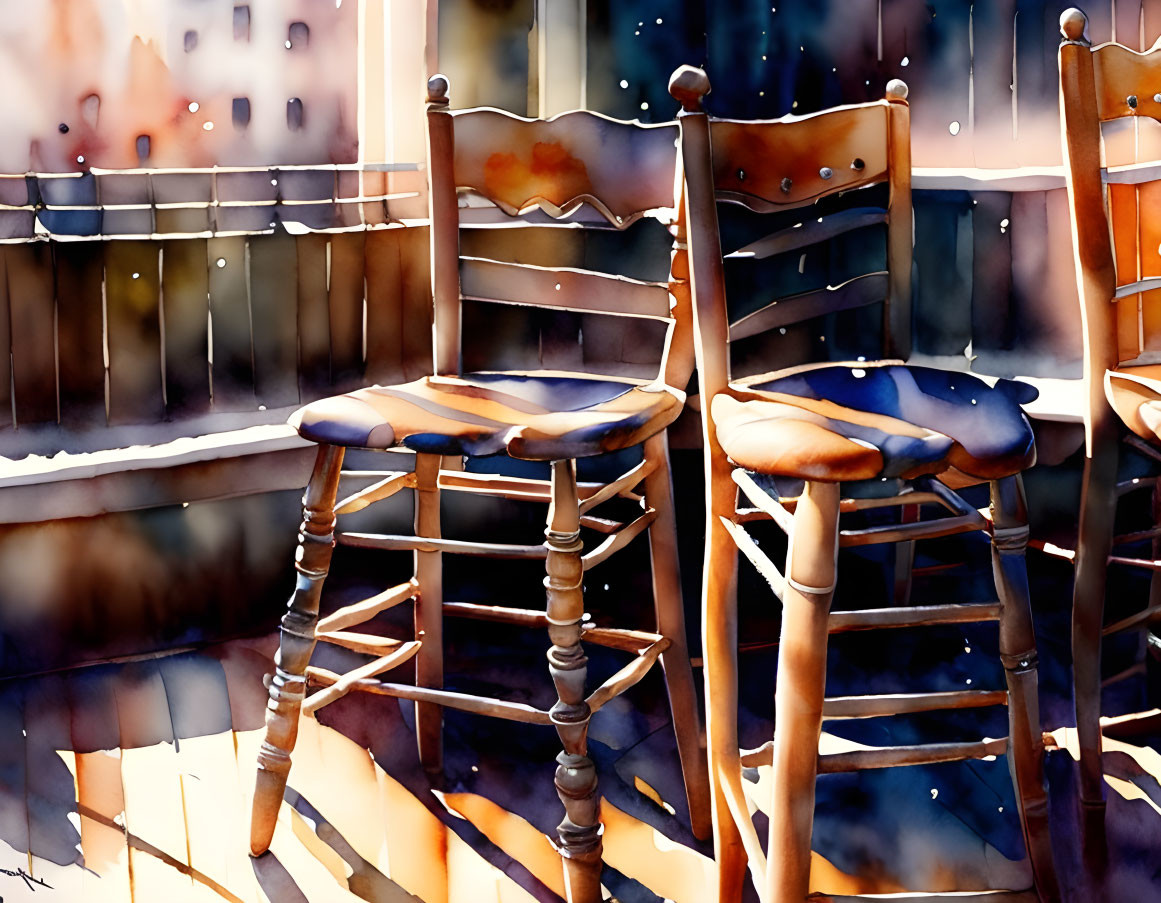 Two Wooden Chairs Watercolor Painting on Sunny Balcony