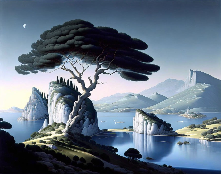 Surreal landscape with oversized tree, calm waters, rocky cliffs, boats, crescent moon