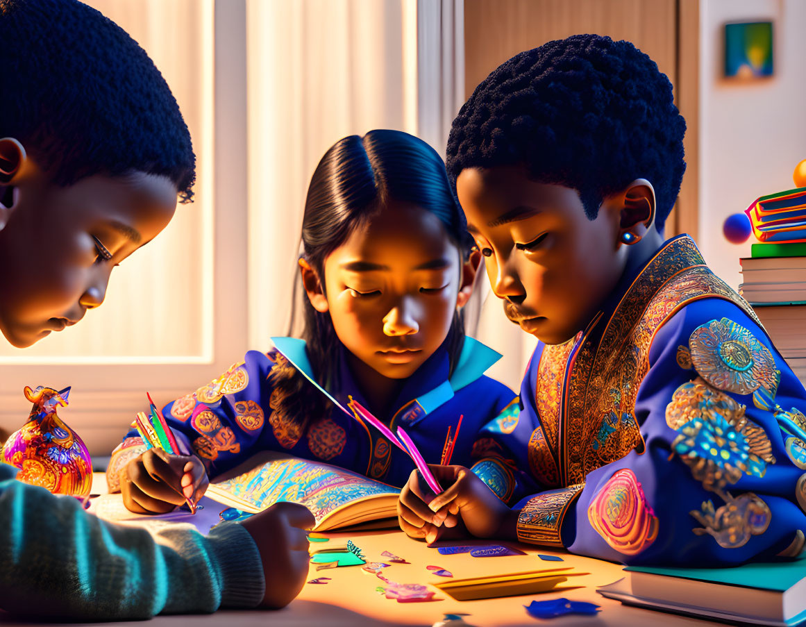 Children coloring book together under warm light with art supplies nearby