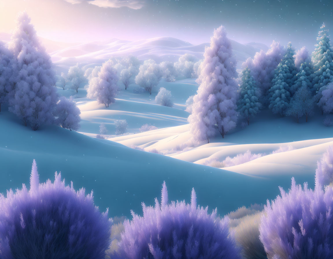 Snow-covered winter landscape with pastel sky