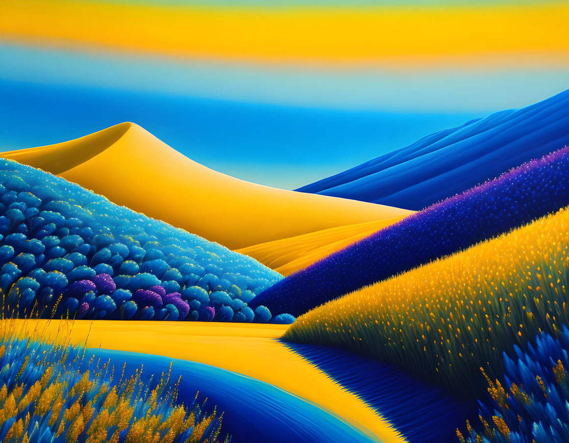 Surreal landscape with blue hills, yellow dune, colorful flora, and sunset sky