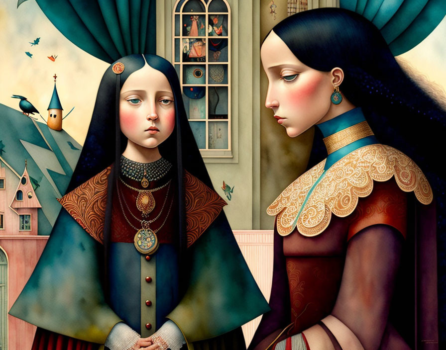 Surreal Renaissance-style artwork with female figures and whimsical background