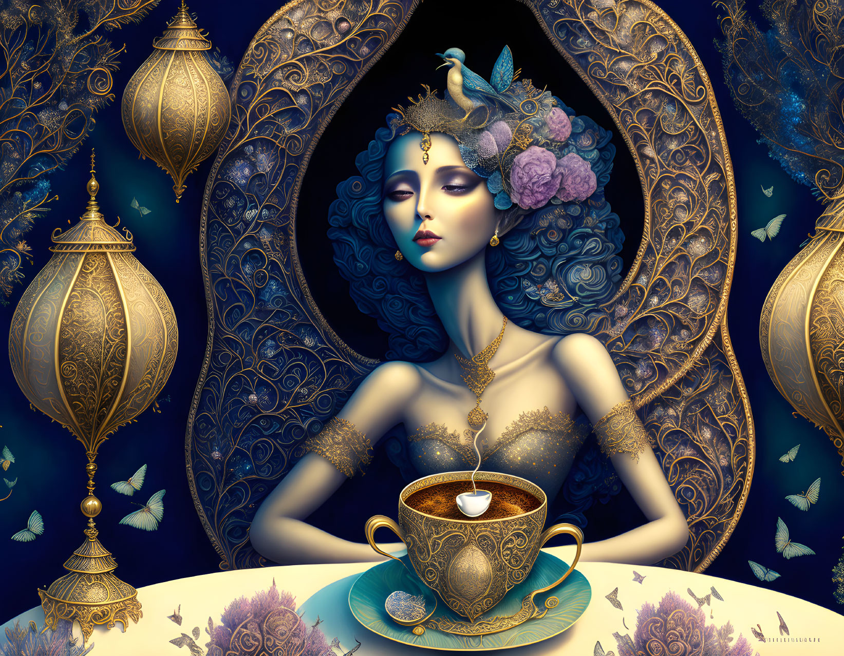 Blue-skinned woman with gold jewelry and flower headdress sitting with tea cup on blue and gold backdrop