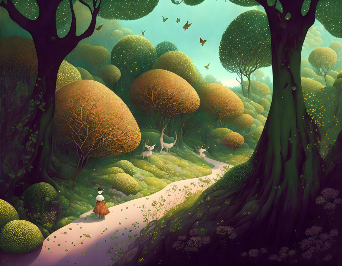 Enchanted forest with oversized foliage, whimsical trees, and lone figure