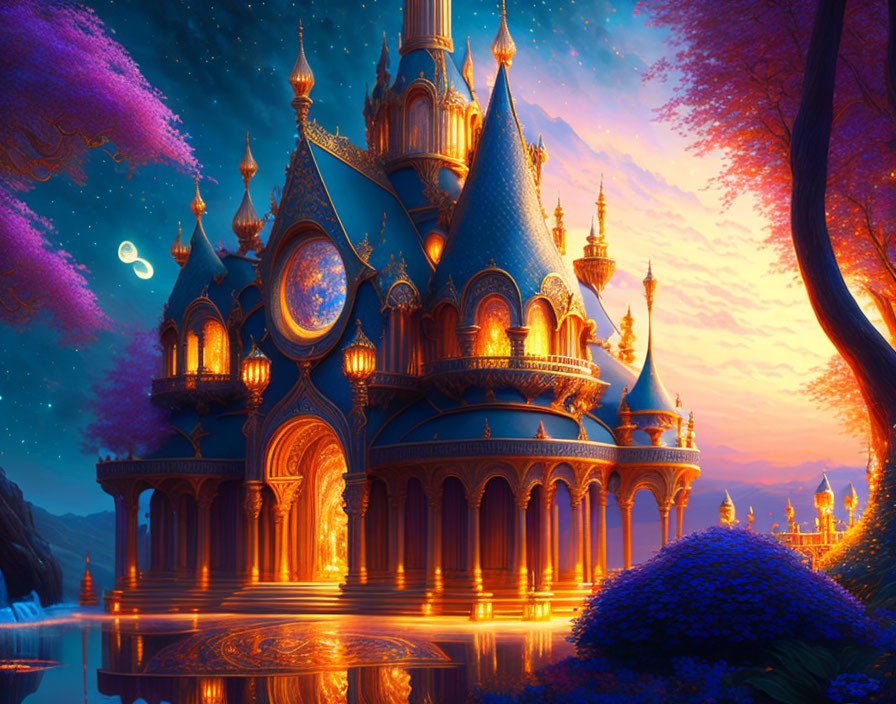 Enchanting twilight castle with glowing lights and purple trees reflected in tranquil water.