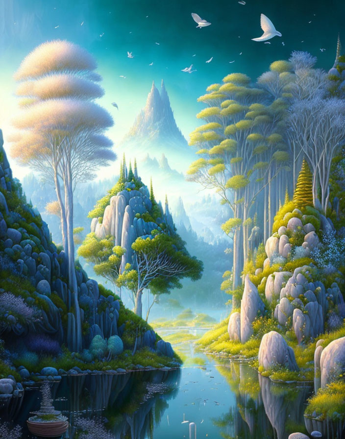 Mystical landscape with oversized fluffy trees, serene river, floating rocks, birds in a hazy