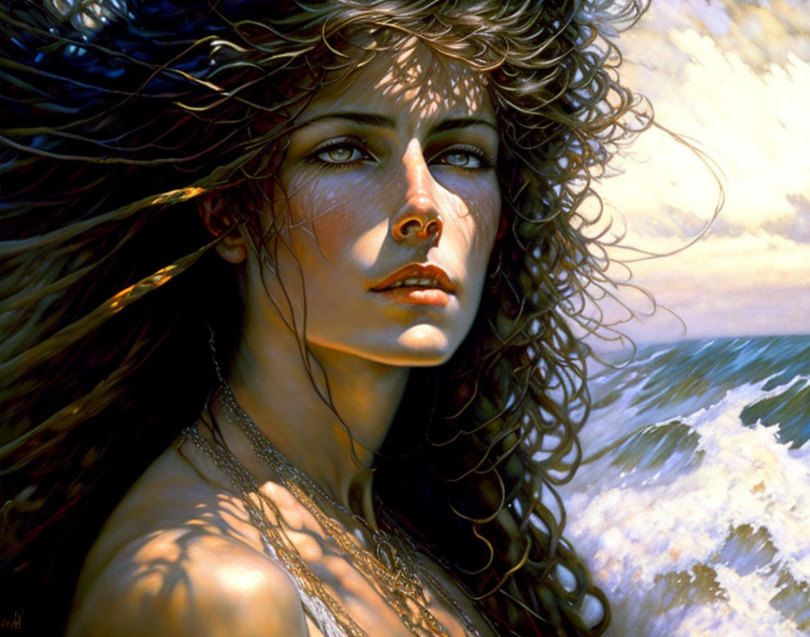 Detailed painting: Woman with flowing hair, ocean waves backdrop, intense gaze, intricate necklace.