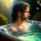 Curly-Haired Man Relaxing in Hot Tub Surrounded by Flowers