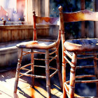 Two Wooden Chairs Watercolor Painting on Sunny Balcony