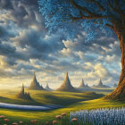 Fantastical landscape with large tree, blue flowers, rolling hills, and whimsical towers under dramatic