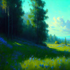 Tranquil landscape with trees, blue flowers, and rolling hills