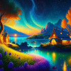 Colorful Fantasy Landscape: Glowing Cottage, Lake, Trees, Aurora Lights, Castle