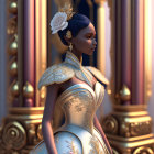 3D-rendered woman in ornate golden dress and accessories by columns