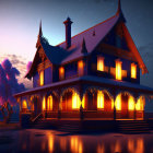 Victorian-style house illuminated at dusk with warm lights under starry sky