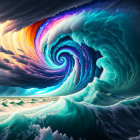 Colorful digital artwork of colossal wave spiraling under rainbow sky