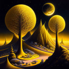 Glowing golden trees, starry sky, luminous moon in surreal nighttime landscape