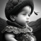 Monochrome image of child with floral headdress and butterfly in corner