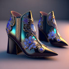 Intricate Gold Filigree High-Heeled Shoes with Sapphire Gemstones